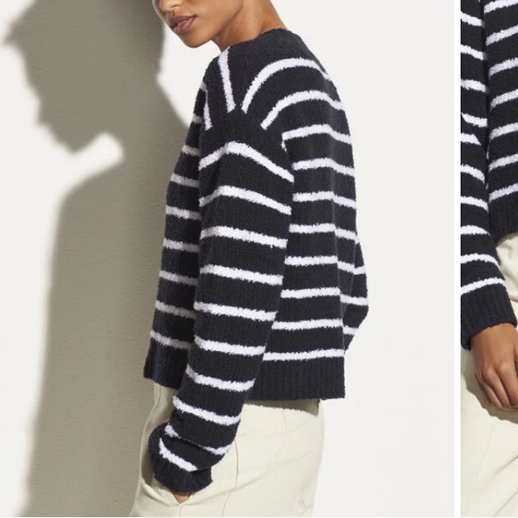 Vince Striped Waffle Stitch Crew Sweater in Coastal/Optic White. Medium. - Picture 3 of 9